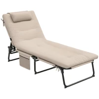 Outsunny Folding Chaise Lounge Pool Chair with 4-level Reclining Back, Cushion, Side Pocket, Headrest, Beige(m-11)