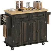 HOMCOM Kitchen Island Cart with Rubber Wood Top, Rolling Kitchen Island Table on Wheels with Drawers, Adjustable Shelves, Spice Rack and Towel Rack for Dining Room, Brown Oak(m-1)