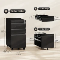 Vinsetto 3 Drawer Filing Cabinet with Lock, Steel Office Storage Cabinet with Hanging Bar for A4, Legal, Letter Files, Black(m-3)