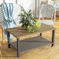 Outsunny 2-Tier Rectangle Outdoor Coffee Table, Patio Table with Wood-Effect Metal Top, Wicker Shelf for Garden, Backyard, Brown(m-9)