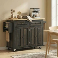 HOMCOM Kitchen Island Cart with Rubber Wood Top, Rolling Kitchen Island Table on Wheels with Drawers, Adjustable Shelves, Spice Rack and Towel Rack for Dining Room, Brown Oak(m-9)