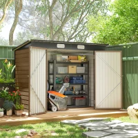 Outsunny 8 x 4FT Galvanized Garden Storage Shed, Metal Outdoor Shed with Double Doors and 2 Vents, Teak(m-8)