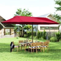 Outsunny 15' Outdoor Patio Umbrella with Twin Canopy Sunshade Steel Table Umbrella with Lift Crank, Cross base, Sandbag, Wine Red(m-8)