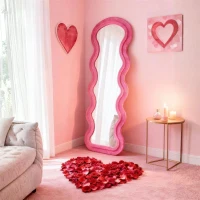 Flannel-Covered Wavy Full-Length Floor Mirror with True-Reflection Glass, Metal Glass with Shatter-Resistant Backing, 63" L x 24" W x 2.5" H, Rose(m-2)