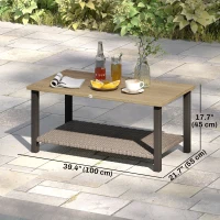 Outsunny 2-Tier Rectangle Outdoor Coffee Table, Patio Table with Wood-Effect Metal Top, Wicker Shelf for Garden, Backyard, Brown(m-3)