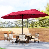 Outsunny 15' Outdoor Patio Umbrella with Twin Canopy Sunshade Steel Table Umbrella with Lift Crank, Cross base, Sandbag, Wine Red