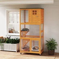 PawHut 74" Wooden Outdoor Cat House Weatherproof & Wheeled with High Weight Capacity, Kitten Cage Condo, Orange(m-8)
