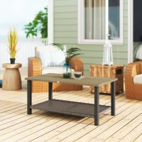 Outsunny 2-Tier Rectangle Outdoor Coffee Table, Patio Table with Wood-Effect Metal Top, Wicker Shelf for Garden, Backyard, Brown(m-10)
