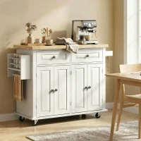 HOMCOM Kitchen Island Cart with Rubber Wood Top, Rolling Kitchen Island Table on Wheels with Drawers, Adjustable Shelves, Spice Rack and Towel Rack for Dining Room, White(m-9)