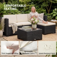 Outsunny 5 Piece Patio Furniture Set, L-Shape Wicker Outdoor Sectional with 3 Chairs, Ottoman, Glass Table, Cushions, Cream(m-6)