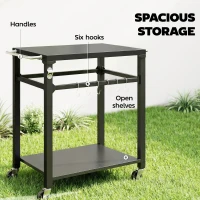 Outsunny Outdoor Grill Cart, Pizza Oven Stand with Steel Top, 2-Tier Kitchen Prep Station with Hooks, Handle, Wheels, Black(m-5)