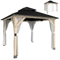 Outsunny 10' x 10' Outdoor Hardtop Gazebo with Double Steel Roof, Wood Patio Gazebo with Curtains, Hook, Light Grey(m-11)