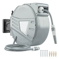 Outsunny Retractable Garden Hose Reel, 1/2" x 98ft Wall Mounted Hose Reel with Auto Retraction, Self-Locking, Grey(m-11)