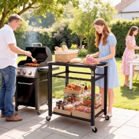 Outsunny Outdoor Grill Cart, Pizza Oven Stand with Steel Top, 2-Tier Kitchen Prep Station with Hooks, Handle, Wheels, Black