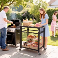 Outsunny Outdoor Grill Cart, Pizza Oven Stand with Steel Top, 2-Tier Kitchen Prep Station with Hooks, Handle, Wheels, Black(m-1)