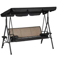 Outsunny Outdoor 3-Seat Porch Swing with Canopy, Rattan Seat, Removable Cushion, Pillows and Steel Frame(m-11)