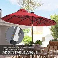 Outsunny Double-sided Patio Umbrella, 9.7' Outdoor Umbrella with Tilt and Crank, LED Solar Light and 12 Ribs, Wine Red(m-4)