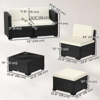 Outsunny 5 Piece Patio Furniture Set, L-Shape Wicker Outdoor Sectional with 3 Chairs, Ottoman, Glass Table, Cushions, Cream(m-3)