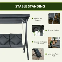 Outsunny 3-Person Patio Swing Chair, Outdoor Porch Swing Bench with Adjustable Canopy, Cushioned Seat, Dark Grey(m-7)