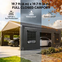 Outsunny 20' x 20' Heavy Duty Carport, Portable Garage Car Canopy Tent Shelter with 3 Roll-up Doors, 4 Windows, Dark Grey(m-4)