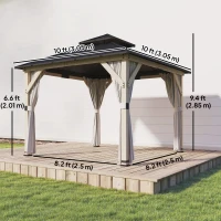Outsunny 10' x 10' Outdoor Hardtop Gazebo with Double Steel Roof, Wood Patio Gazebo with Curtains, Hook, Light Grey(m-3)