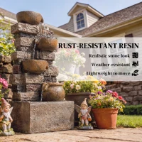 Outsunny 28" Outdoor Fountain with 5-Tier Rustic Jugs, Cascading Waterfall with LED Lights, Adjustable Flow, Rustic Brown(m-7)