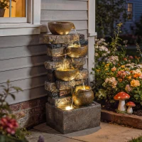 Outsunny 28" Outdoor Fountain with 5-Tier Rustic Jugs, Cascading Waterfall with LED Lights, Adjustable Flow, Rustic Brown(m-10)