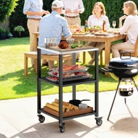 Outsunny Outdoor Grill Cart, Pizza Oven Stand with Stainless Steel Top, 3-Tier Rolling Kitchen Prep Station with Wheels, Black(m-8)