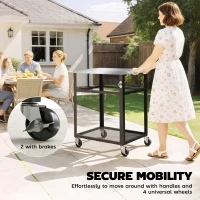 Outsunny Outdoor Grill Cart with Stainless Steel Tabletop, 2-Tier Kitchen Prep Station with Hooks, Lockable Wheels, Black(m-6)