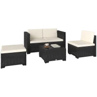 Outsunny 5 Piece Patio Furniture Set, L-Shape Wicker Outdoor Sectional with 3 Chairs, Ottoman, Glass Table, Cushions, Cream(m-11)