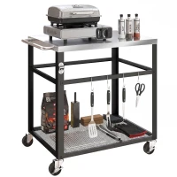 Outsunny Outdoor Grill Cart with Stainless Steel Tabletop, 2-Tier Kitchen Prep Station with Hooks, Lockable Wheels, Black(m-11)