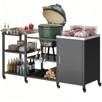 Outsunny Grill Table for Big Green Egg Grill, Heavy Duty Metal BBQ Prep Table with Stainless Steel Top and Storage Cabinet, Black(m-1)
