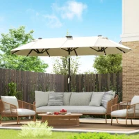 Outsunny 10ft Double-Sided Patio Umbrella with 35 LED Lights, 12 ribs, Extra Large Outdoor Parasol with Twin Canopy, Beige(m-9)