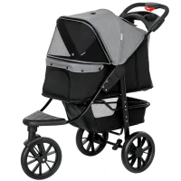 PawHut 3 Wheel Folding Dog Stroller, Travel Carrier with Adjustable Canopy, Storage Brake, Mesh Window for S&M Dogs Grey(m-11)