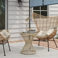 Outsunny Wicker Outdoor Coffee Table, 18" Round Drum-Style Outdoor Patio Table with Tempered Glass Top, Light Brown(m-8)