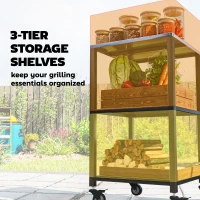 Outsunny Outdoor Grill Cart, Pizza Oven Stand with Stainless Steel Top, 3-Tier Rolling Kitchen Prep Station with Wheels, Black(m-5)