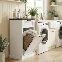 HOMCOM 10 Gallon Trash Can Cabinet with Drawer, Farmhouse Tilt Out Garbage Cabinet Laundry Hamper, White Wood Effect(m-6)