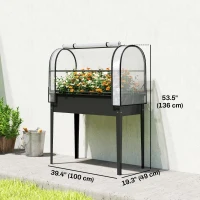 Outsunny Raised Garden Bed with Flip-Up Greenhouse Cover, Metal Elevated Garden Bed with Legs and Drainage Hole, Black(m-3)