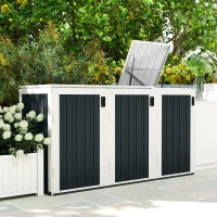 Outsunny Outdoor Storage Shed Rustproof Garbage Bin Shed with Gas Struts Magnetic Doors for 3 Bins White and Grey(m-1)