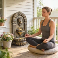 Outsunny 31" Wall-Mounted 3-Tier Outdoor Fountain, Cascading Waterfall Feature with LED Lights and Adjustable Flow, Rustic Brown(m-8)