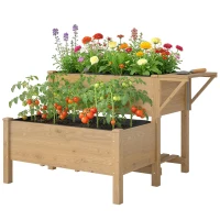 Outsunny Wooden Raised Garden Bed, 2-Tier Raised Planter with Storage Shelf, Side Board, Drainage Holes and Liner(m-2)
