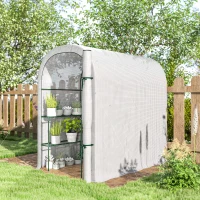 Outsunny Walk-in Mini Greenhouse with Shelves, Portable Outdoor Greenhouse with Roll-up Door, 123 x 187 x 189 cm, White(m-9)