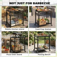 Outsunny Outdoor Grill Cart, Pizza Oven Stand with Steel Top, 2-Tier Kitchen Prep Station with Hooks, Handle, Wheels, Black(m-9)