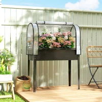 Outsunny Raised Garden Bed with Flip-Up Greenhouse Cover, Metal Elevated Garden Bed with Legs and Drainage Hole, Black(m-1)