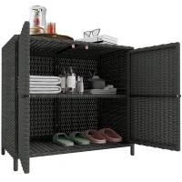 Outsunny Wicker Outdoor Storage Cabinet Double Magnetic Doors, PE Rattan Outdoor Towel Rack for Pool, Patio, Dark Grey(m-11)