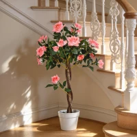 Outsunny 3FT Artificial Plant Pink Rose Floral in Pot, Fake Plant for Home Indoor Decor(m-8)
