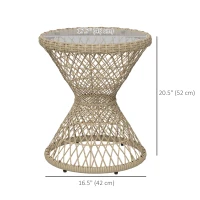 Outsunny Wicker Outdoor Coffee Table, 18" Round Drum-Style Outdoor Patio Table with Tempered Glass Top, Light Brown(m-3)