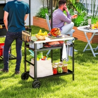 Outsunny BBQ Stand with Stainless Steel Top Adjustable Shelf, Outdoor BBQ Station with Hooks Seasoning Tray Towel Rack