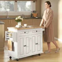 HOMCOM Kitchen Island Cart with Rubber Wood Top, Rolling Kitchen Island Table on Wheels with Drawers, Adjustable Shelves, Spice Rack and Towel Rack for Dining Room, White(m-8)