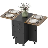 HOMCOM Drop Leaf Dining Table, Mobile Folding Table on Wheels with Drawers and Cabinet for Dining Room, Rustic Brown and Black(m-2)